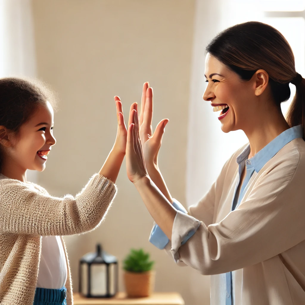 DALL·E 2024-06-18 16.15.52 - A joyful mother and her 17-year-old daughter are facing each other, giving each other a 'High Five' hand slap. Both characters appear happy and are sm